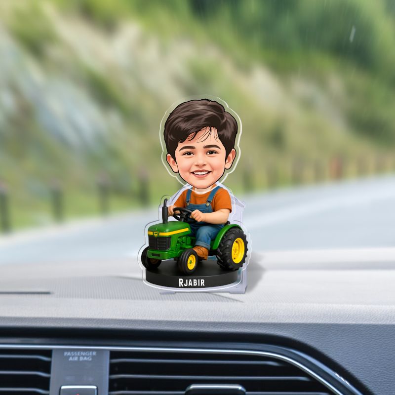 Personalized Little Boy on Tractor Bobblehead Caricature Standee Custom Photo Acrylic Cutout with Name, Unique Gift for Kids, Son, or Grandson Battery Powered Moving Head Feature